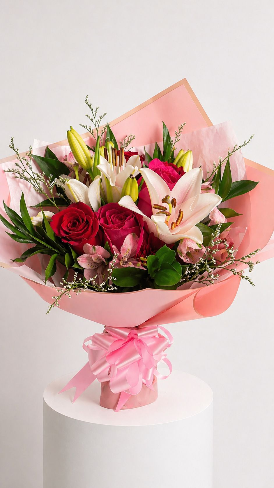 Elegant Lily & Rose Bouquet – Soft Pink Wrap